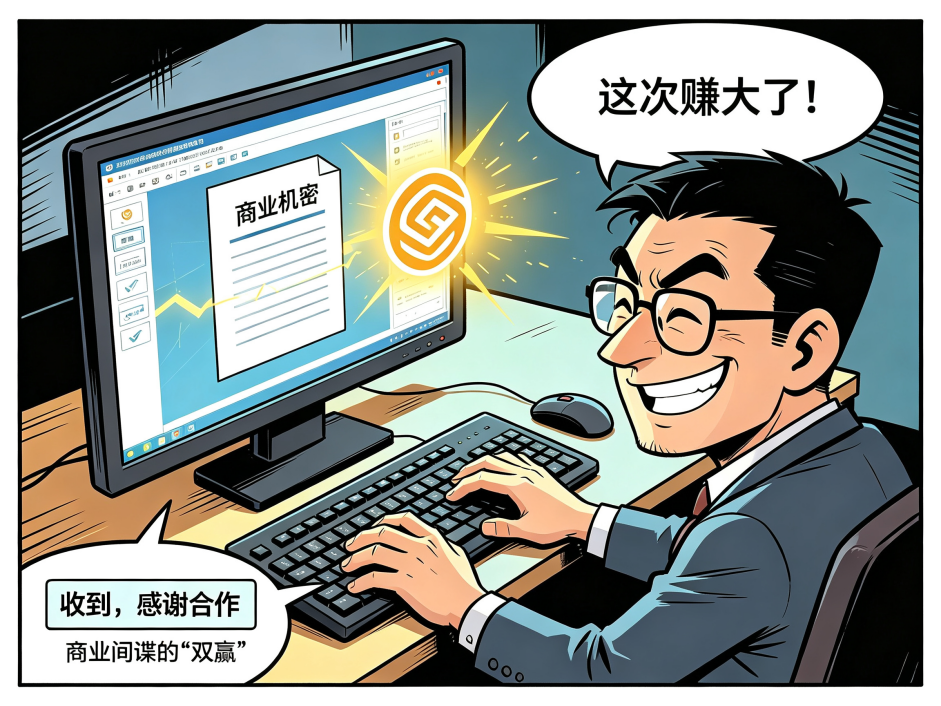 jimeng-2026-07-27-1817-做一个讽刺漫画的图，一个人通过电脑，发送秘密给对方公司。表情是窃喜，不要太明显的...